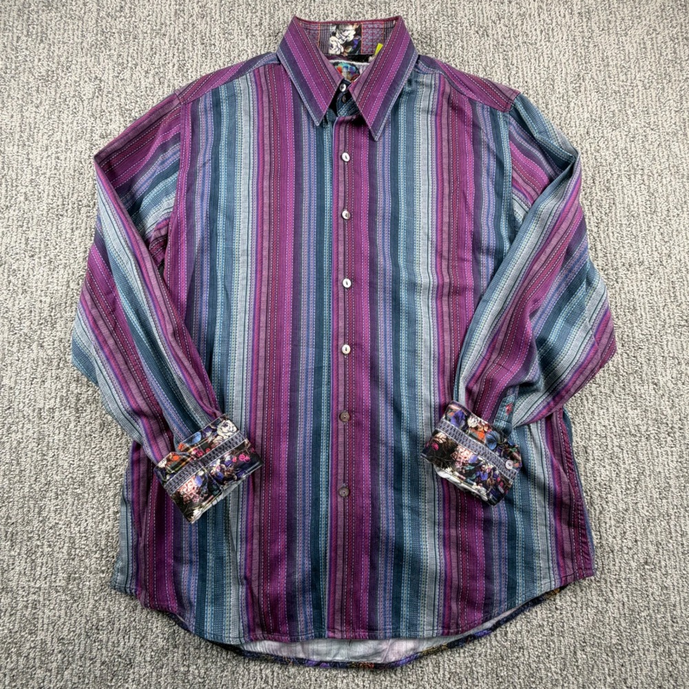 Robert Graham Button Down Mens Large Purple Striped Tailored Fit Floral Cuffs - Picture 2 of 9